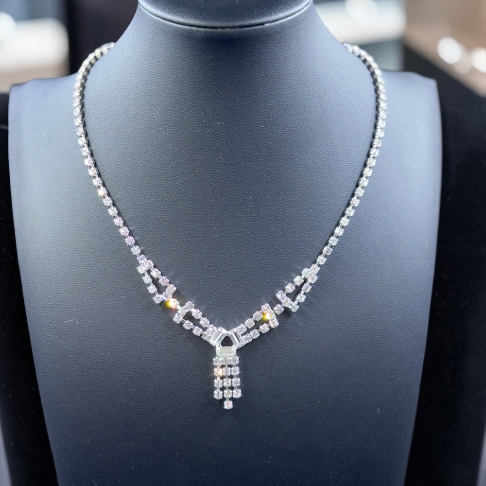 Vintage Rhinestone Fringe Necklace Art Deco Prom‎ Glam Bridal Statement Crystal